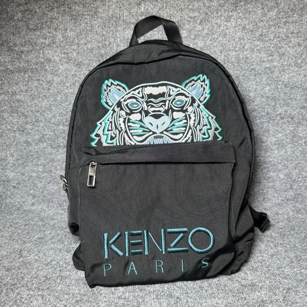 KENZO Paris Tiger Embroidered Black Teal Backpack Zip Adjustable Straps Pockets